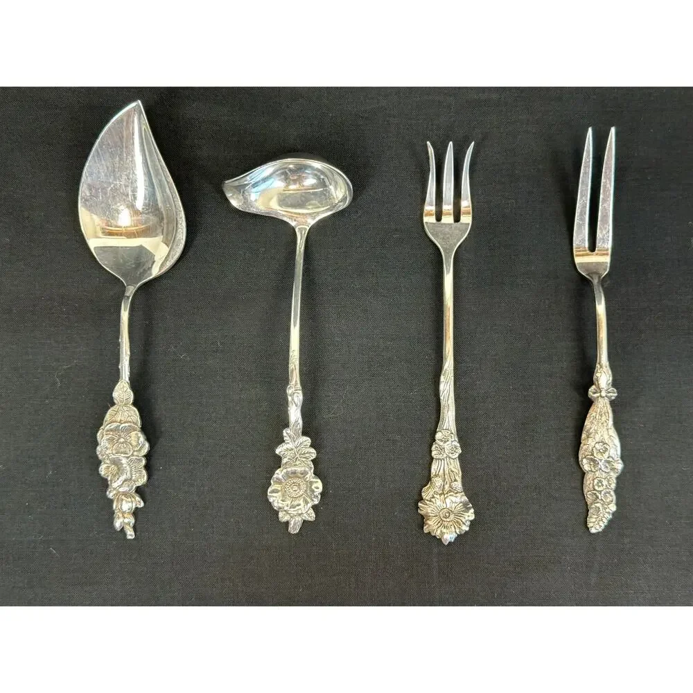 Reed & Barton Vintage Harlequin Silver Plated Serving Set Ornate Floral Handles